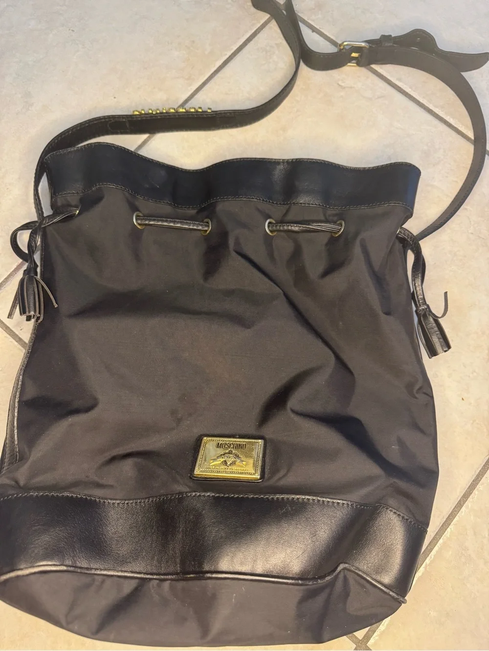 Moschino Black Drawstring Backpack with Gold Logo Patch 14x13x6